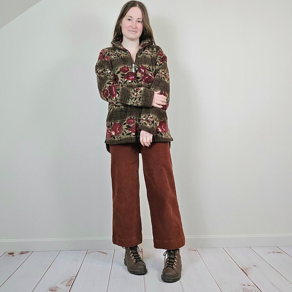 Vintage Y2K Floral 1/4 Zip Fleece Olive Maroon M/L